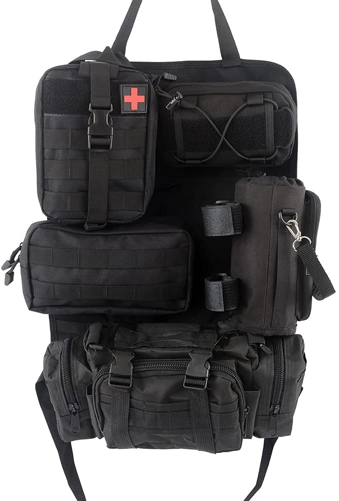 FUNY 5つの取り外し可能な収納バッグバックプロテクションを備えた戦術的なカーシートオーガナイザーの3つの管理者ポケット1つのウォーターボトルバッグと1つの医療バッグ(すべての車両用)