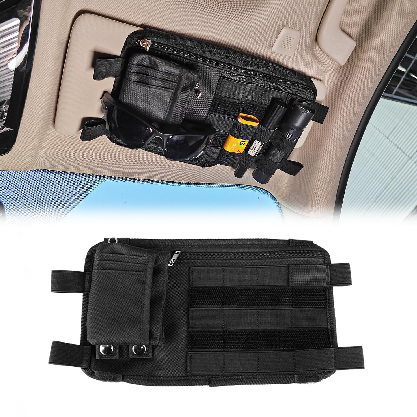 MAIKER OFF ROAD 車、SUV、トラック用バイザーオーガナイザー、取り外し可能な小さなIDポケット付きバイザーオーガナイザー、ジッパー付きマルチポケットバイザーオーガナイザー、伸縮性ストラップ、メガネホルダー - 必需品を整理して整頓 (黒)