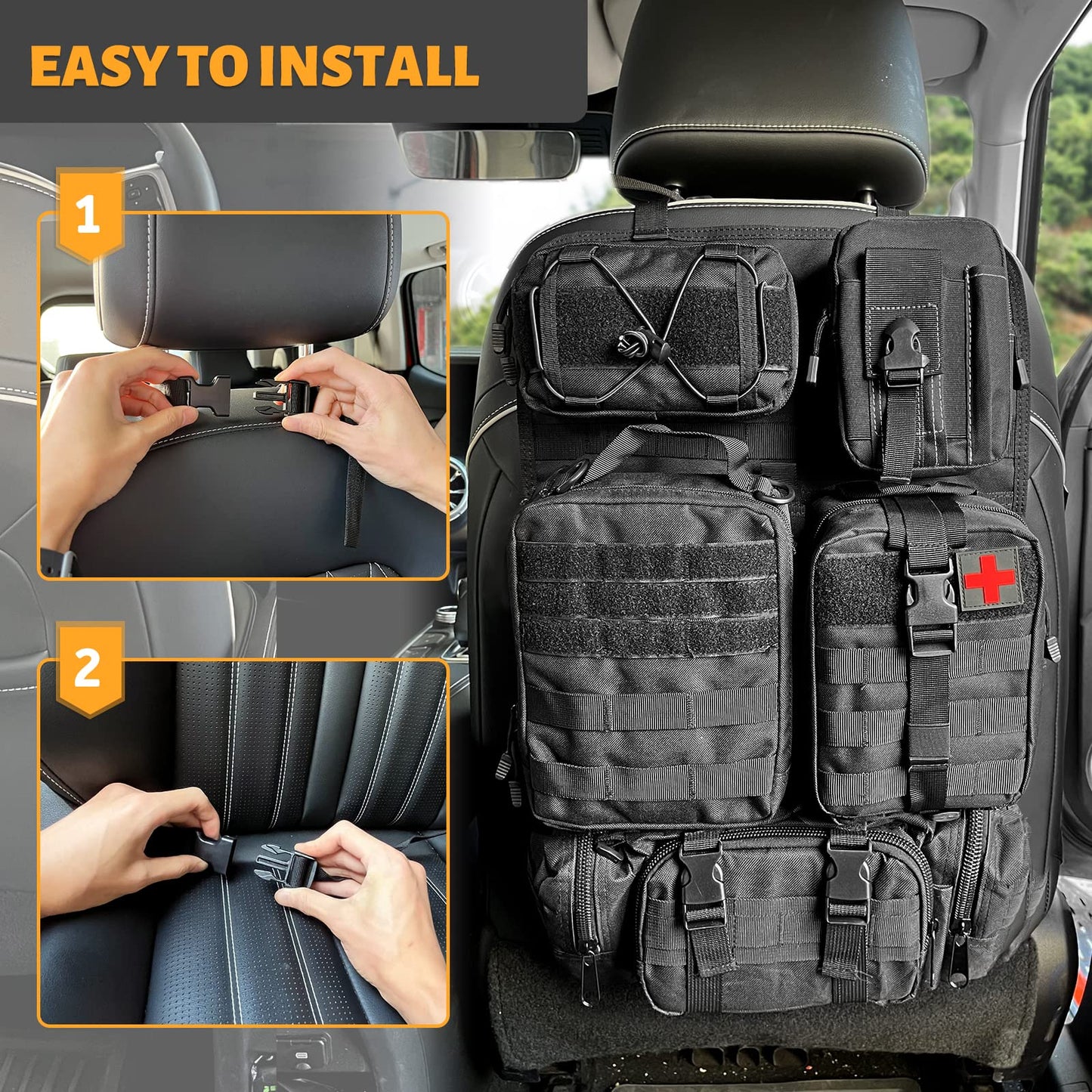 MAIKER タクティカル カーシートバックオーガナイザー アップグレード タクティカル車両パネルオーガナイザー 取り外し可能なMOLLEポーチ5個付き ほとんどの車両にユニバーサルフィット ブラック