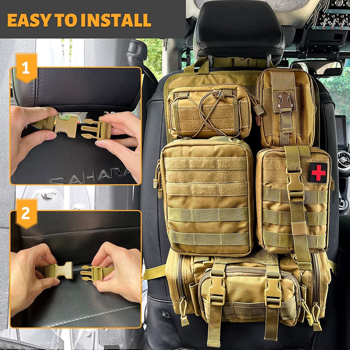 ユニバーサル タクティカル シート バック オーガナイザー ビークル モール パネル オーガナイザー 収納バッグ 取り外し可能なモールポーチ5個付き カーキ
