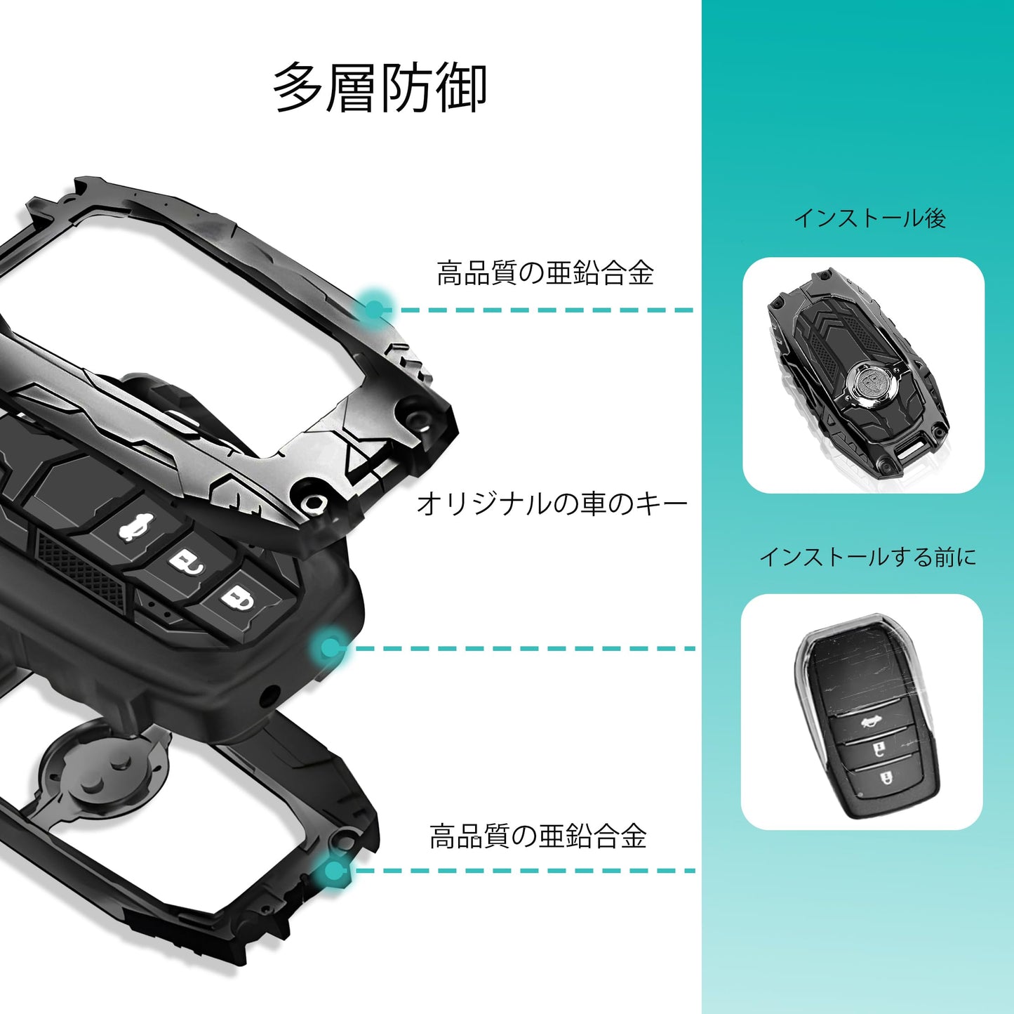 MAIKER OFF ROAD トヨタに対応するメタルキーフォブカバーケース、トヨタに対応する亜鉛合金製キーチェーン、2019年から2024年までのVenza＆RAV4 Prime＆Land Cruiser＆Fortuner＆Grand Highlander＆Corolla Cross＆Hilux
