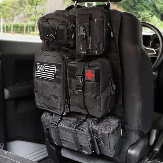 MAIKER タクティカル カーシートバックオーガナイザー アップグレード タクティカル車両パネルオーガナイザー 取り外し可能なMOLLEポーチ5個付き ほとんどの車両にユニバーサルフィット ブラック