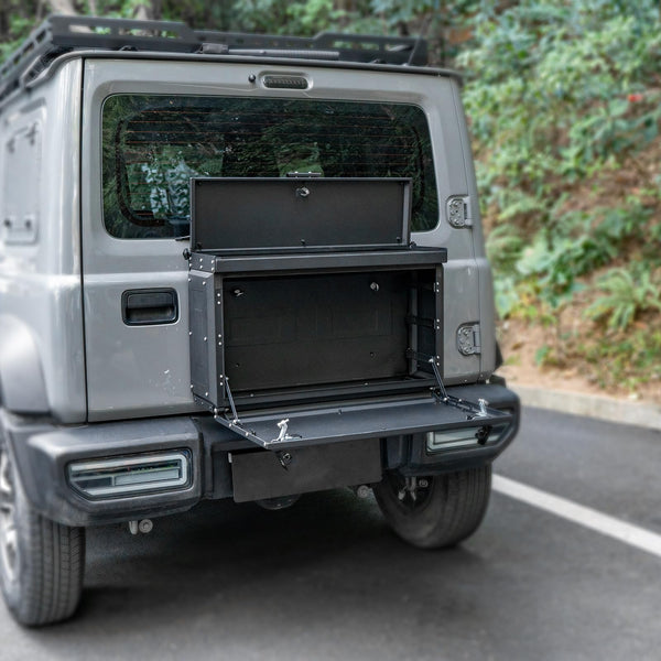 スズキジムニー2021+ JB64 JB74に適したスペアタイヤライトホルダー付きジムニーテールゲート収納ボックス、安全ロック付き金属製収納ボックス、大容量、素早い取り付け