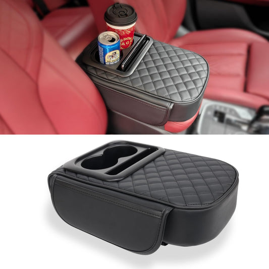 カップホルダー付きユニバーサルカーアームレストカバー、ほとんどの車両、SUV、トラック、車用の2つの収納ポケット付きアップグレード防水ハンドレストピロー